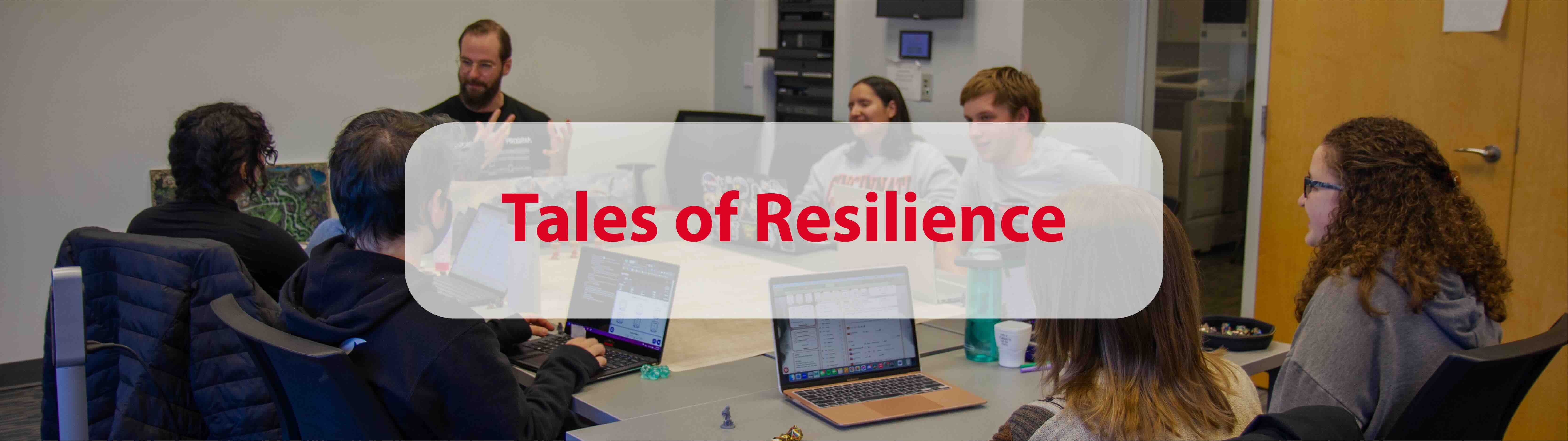 Tales of Resilience with students conversing at a table.