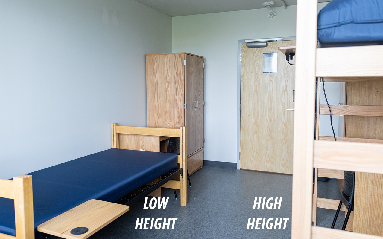 A residence room showing a low bed height on left and a high height on right.