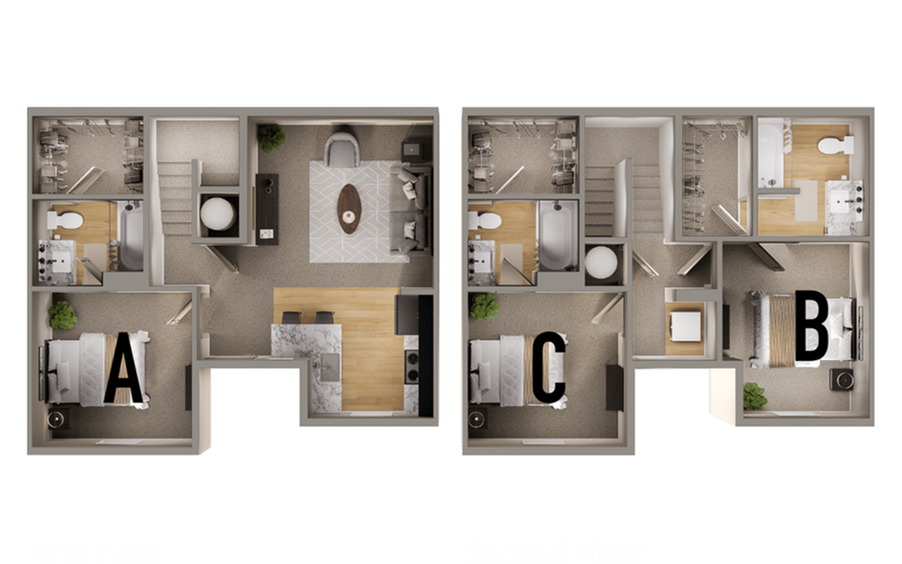 Floorplan showing 3-bedroom apartment layout with bathroom in each bedroom, shared kitchen and living room