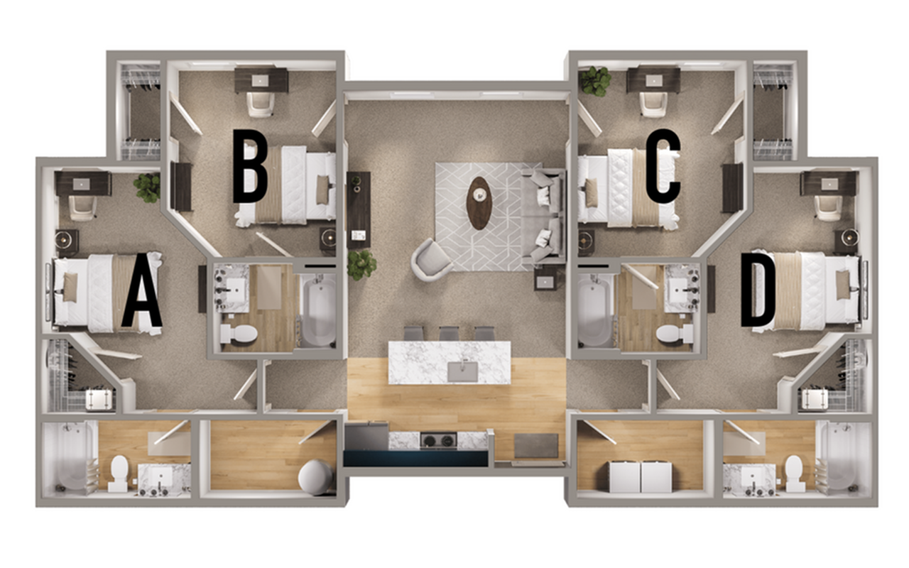 Floorplan showing 4-bedroom apartment layout with bathroom in each bedroom, shared kitchen and living room