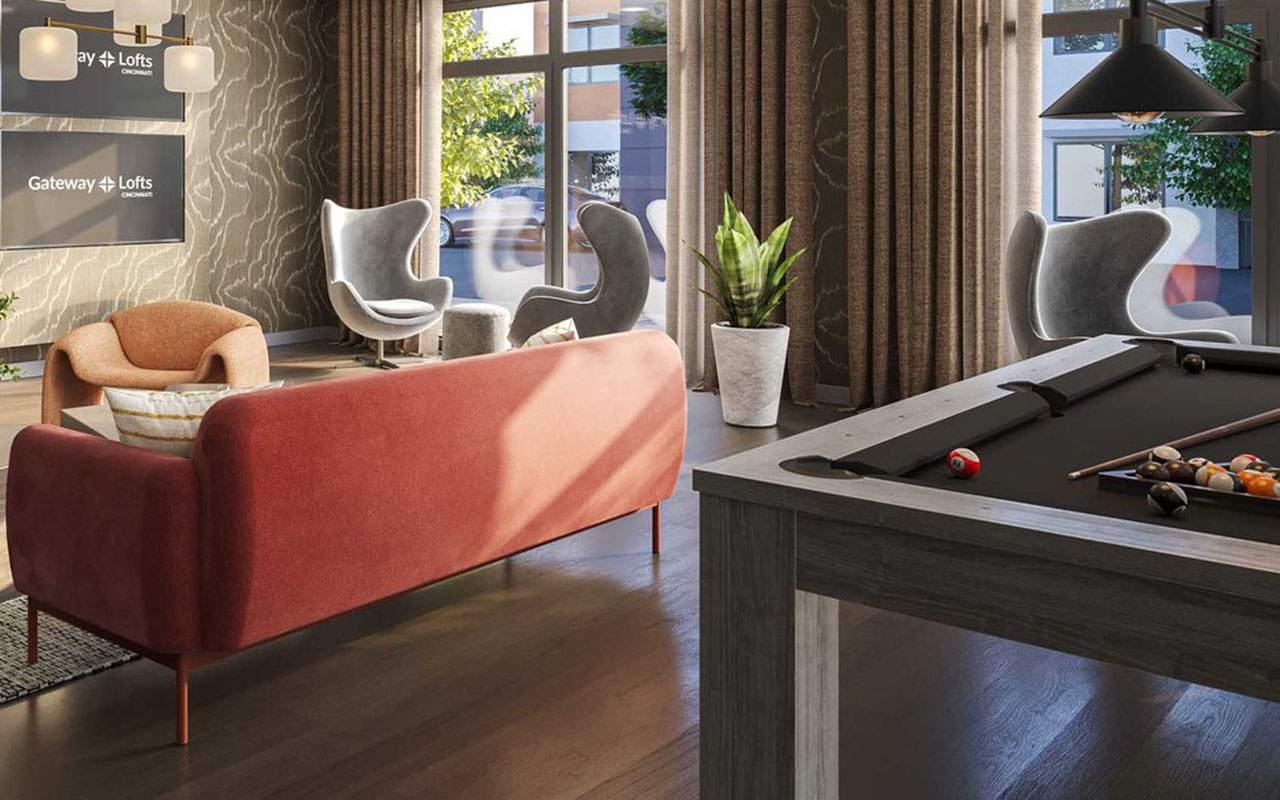 Lobby lounge featuring a pool table and comfortable furniture