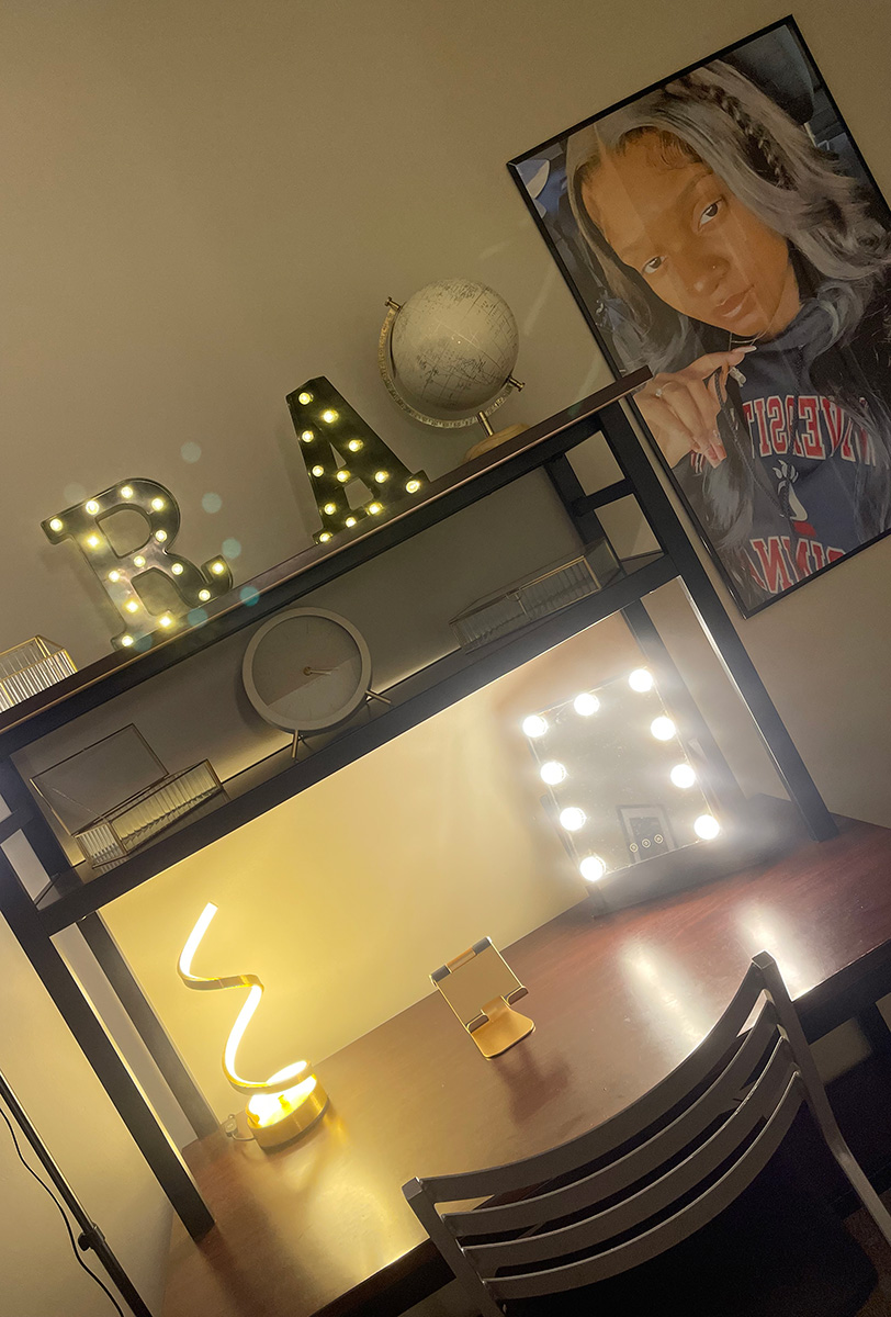 Desk and chair decorated with lighting