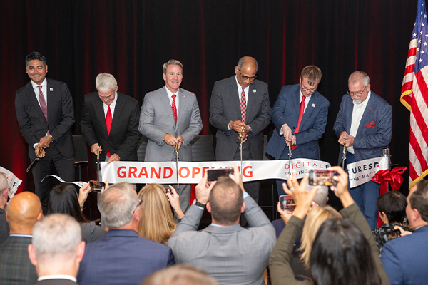 Digital Futures ribbon cutting with Cincinnati Mayor and Lieutenant Governor in front of large crowd