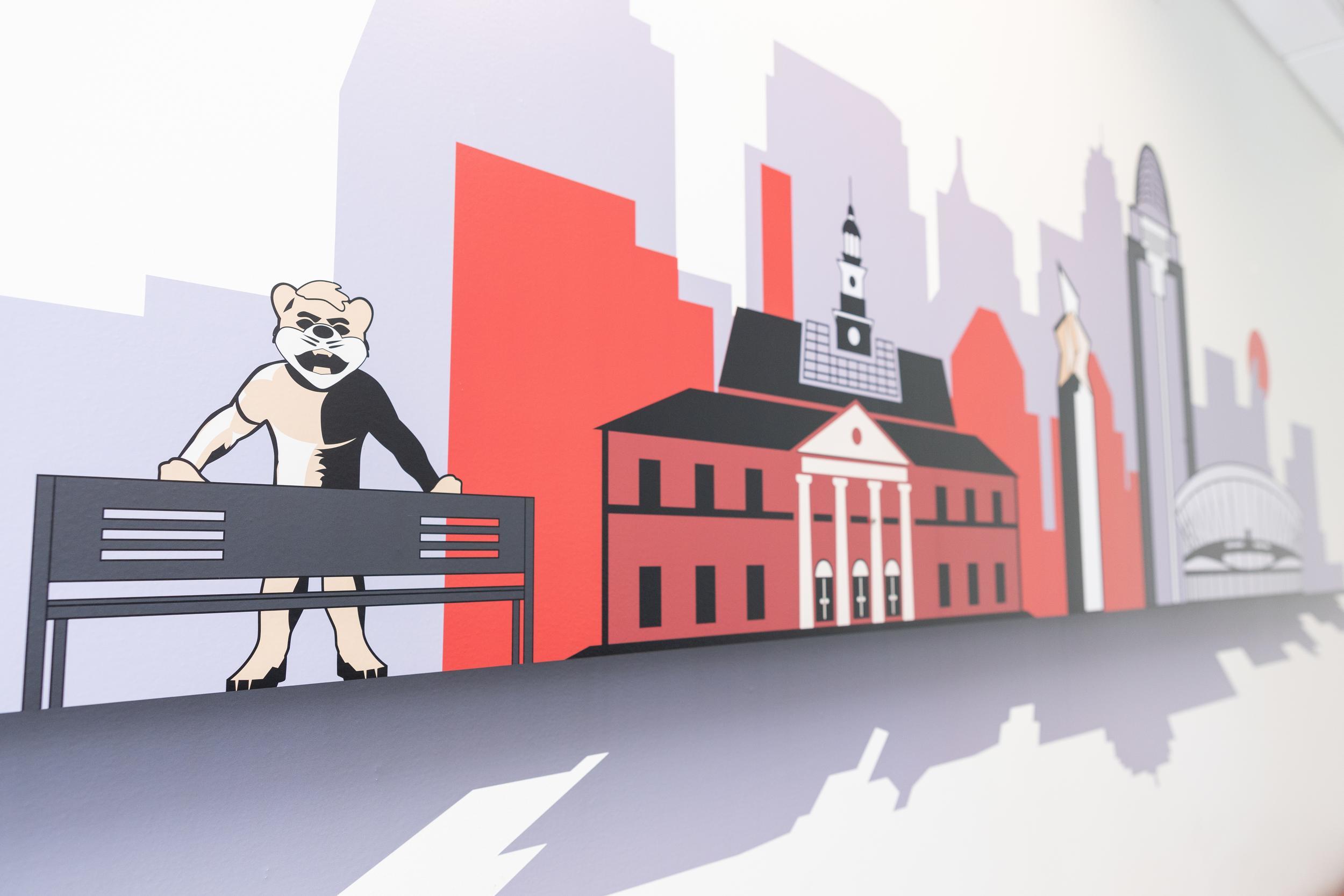 Mural showing the Bearcat, TUC and other Cincinnati Buildings in Morgans Hall