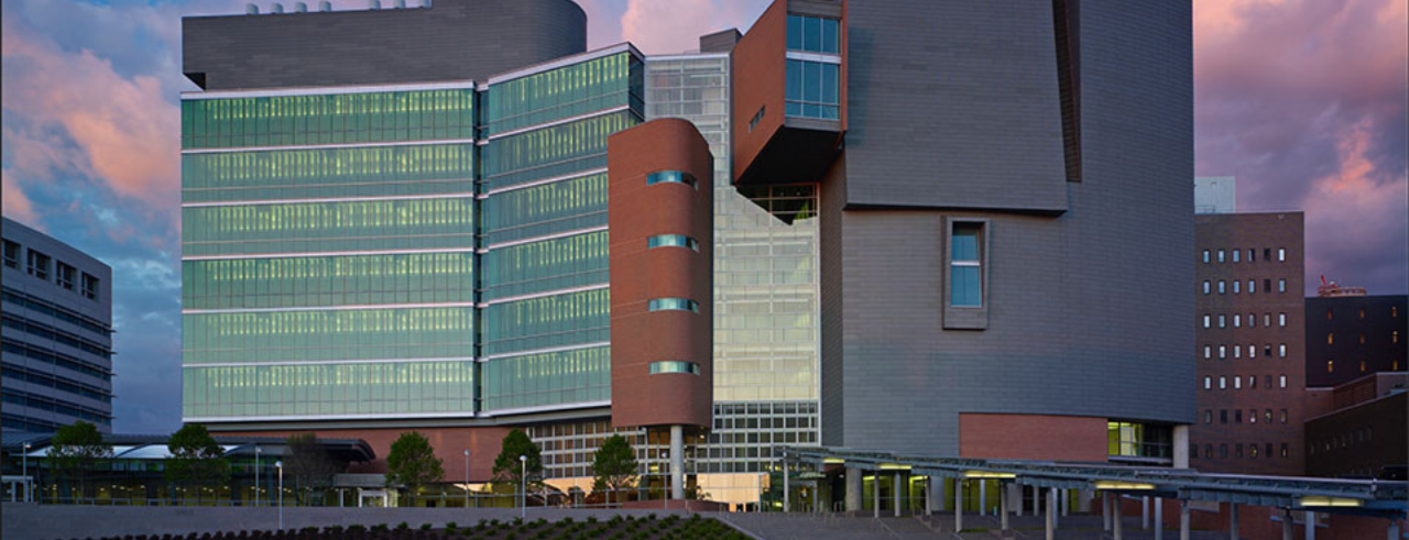 Photo of the exterior of the College of Medicine's CARE/Crawley Building at night. 