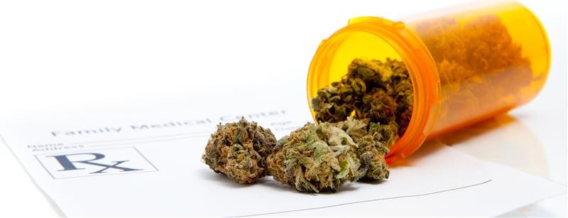 prescription bottle with marijuana leaves inside