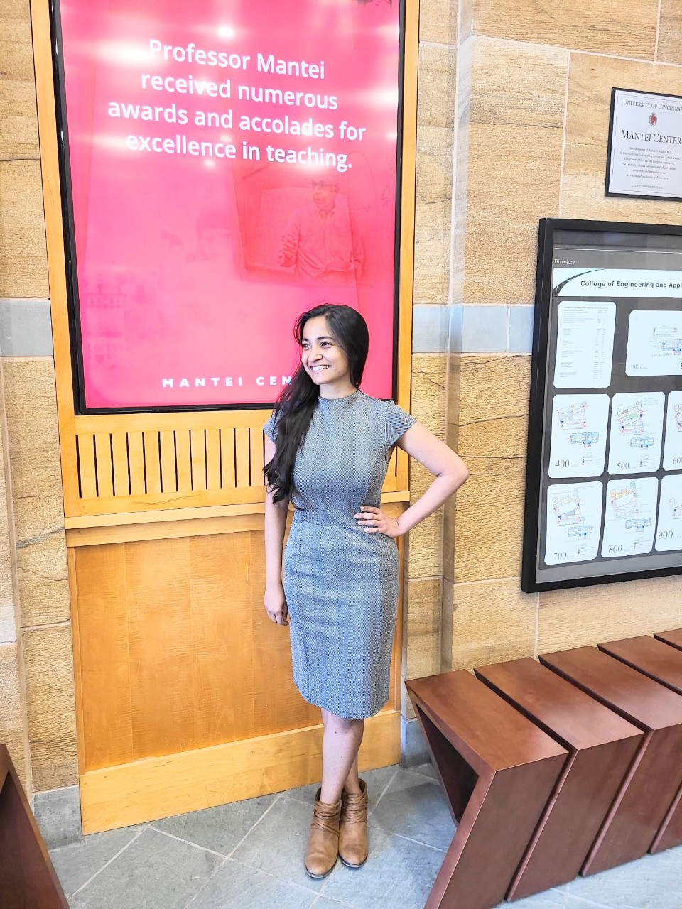 Vinithia Thiyagarajan Upaassana poses inside UC's Matnei Center